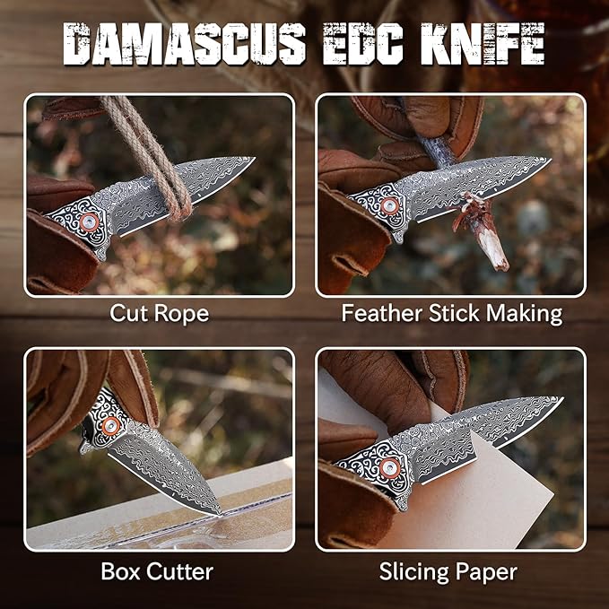 Damascus Pocket Knife for Men Folding Knives with Wooden Handle &amp 3.34 Sharp Damascus Steel Blade EDC Knifes for Camping Hiking Collection