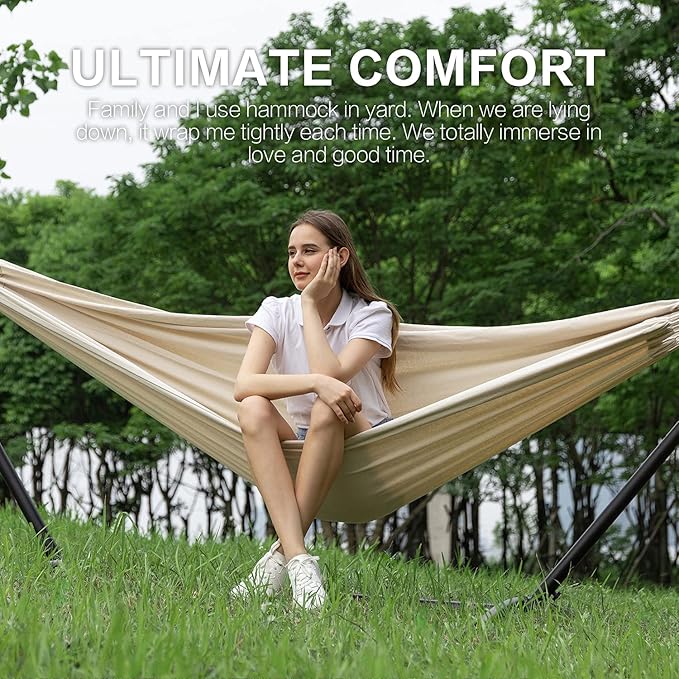 PNAEUT Double Hammocks with Stand for Outside Portable Space Saving Heavy-Duty Steel Stand for Indoor Outdoor Patio with Carrying Bag 450 lbs Capacity (Beige)