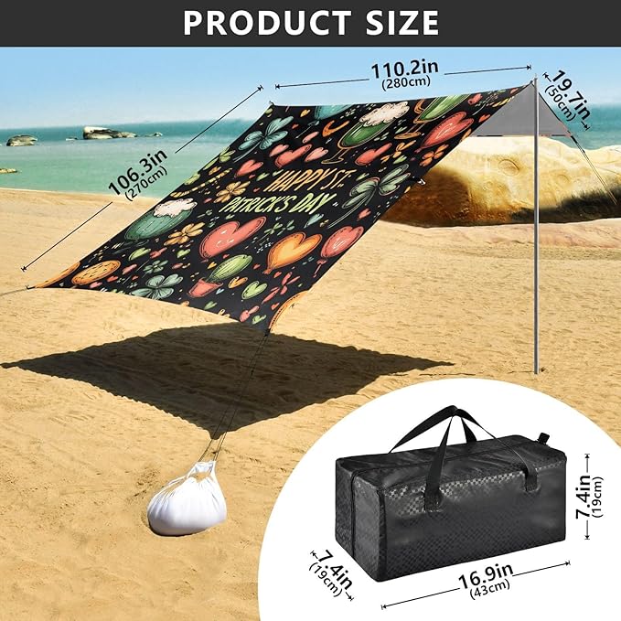 St Patrick's Day Balloon Beers Theme Beach Tent Sun Shelter Set UPF50+ UV Protection 10.5 x 9.19 FT Camping Shade Canopy with Sandbags Sand Anchors Carrying Bag and Others