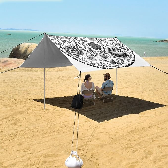 Peonies Delphinium Butterflies Bees White Foldable Beach Tent UPF50+ Water-Resistant Large Portable Sun Shelter with Carrying Bag for Camping Trips Fishing Backyard Fun or Picnics