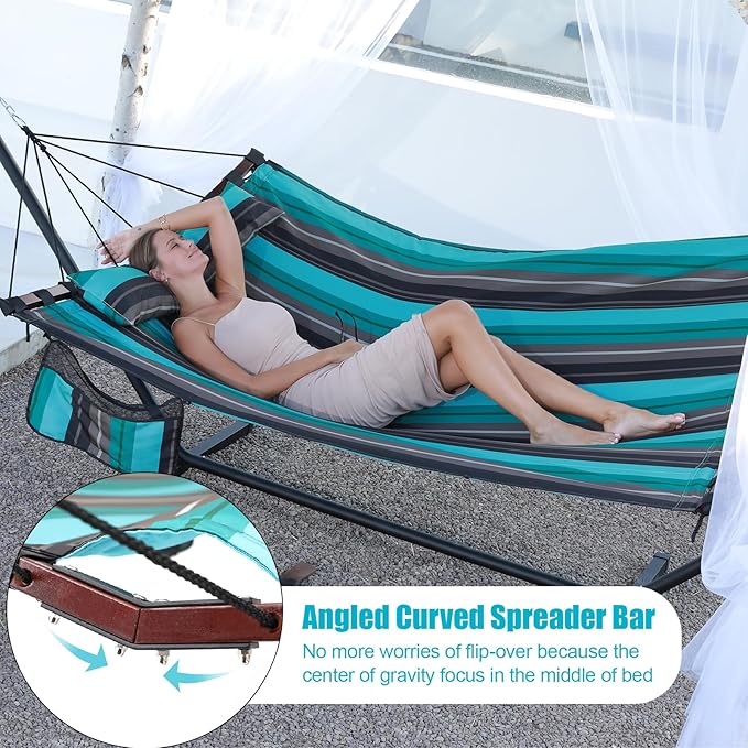 TegerDeger 12FT 2 Person Hammock Large Hammock 450LB Capacity with V Shaped Hardwood Spreader Bar &amp Nylon Rope for Outside Patio Garden Backyard Beach Poolside - Teal Stripes