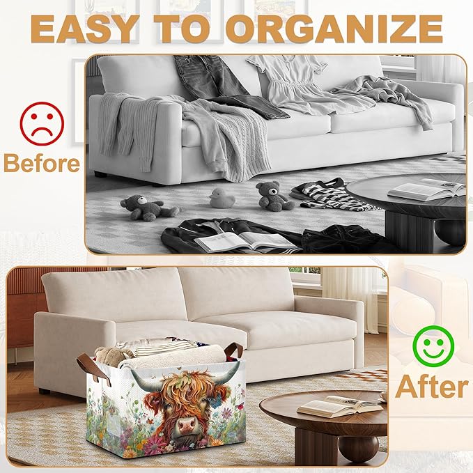 Flower Highland Cow Storage Bins with Handles Collapsible Storage for Clothes Gift Basket Blankets &amp Closet Organization