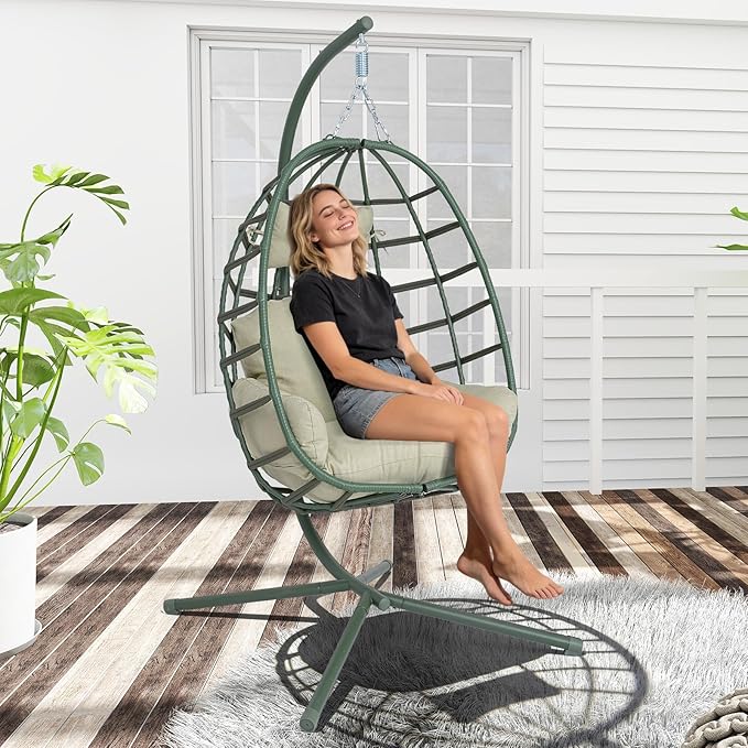 Hanging Egg Chair with Stand Outdoor Indoor Patio Rattan Swing Hammock Chairs with Washable Cushion 350lbs Capacity PE Wicker Swing Chair for Backyard Bedroom Garden (Dark Green + Cyan Cushion)