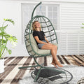 Hanging Egg Chair with Stand Outdoor Indoor Patio Rattan Swing Hammock Chairs with Washable Cushion 350lbs Capacity PE Wicker Swing Chair for Backyard Bedroom Garden (Dark Green + Cyan Cushion)