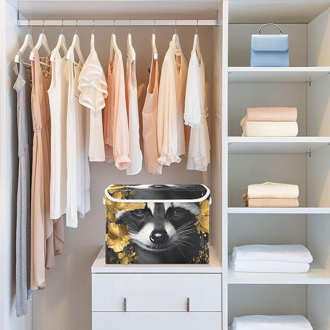 AIXIWAWA Lidded Storage Cube (Gold Floral Raccoon) Fabric Foldable Closet Bins with Flip Lid and Handles Organizer Basket Container 16.5 x 12.6 x 11.8 IN
