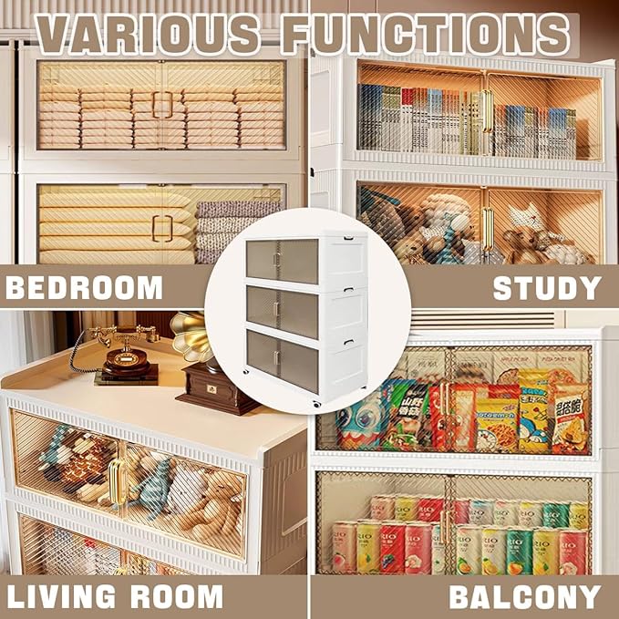 5900QT Stackable Storage Bins with Lid147Gal Closet Organizers and Plastic Cabinets Shelves Collapsible Drawers Foldable Boxes with Wheels for Home Office 3Pack (Clear Door 39inch)