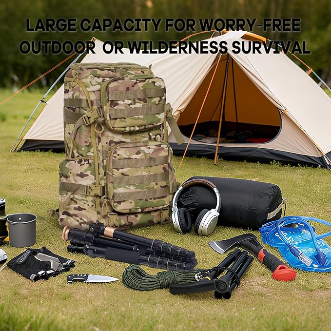 Timeet Tactical Backpack 45L for Men Military Backpack 3 Day Assault Pack with U-Shaped Wide Opening Water-Resistant Hiking Backpack for Travel Camping Survival Molle System (Camouflage 20 Inch)