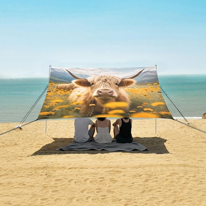 ALAZA Cattle in Field Beach Tent Sun Shelter UPF50+ Protection Beach Shade Canopy w/ 4 Sandbags for Outdoor Camping Fishing Backyard Fun Picnic 10x9 ft