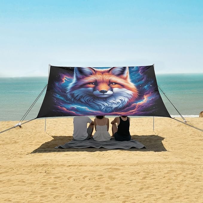 ALAZA Fox Head in Nebula Beach Tent Sun Shelter UPF50+ Protection Beach Shade Canopy w/ 4 Sandbags for Outdoor Camping Fishing Backyard Fun Picnic 10x9 ft