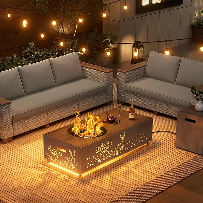 SUNPEAK 48 Round Burner Propane Fire Pit Table with LED Light – 50000 BTU Fire Pit Table with Lid Rocks Cover and Tank Storage - Modern Outdoor Large Fire Table (Grey/Deer Cutout 48 LED)