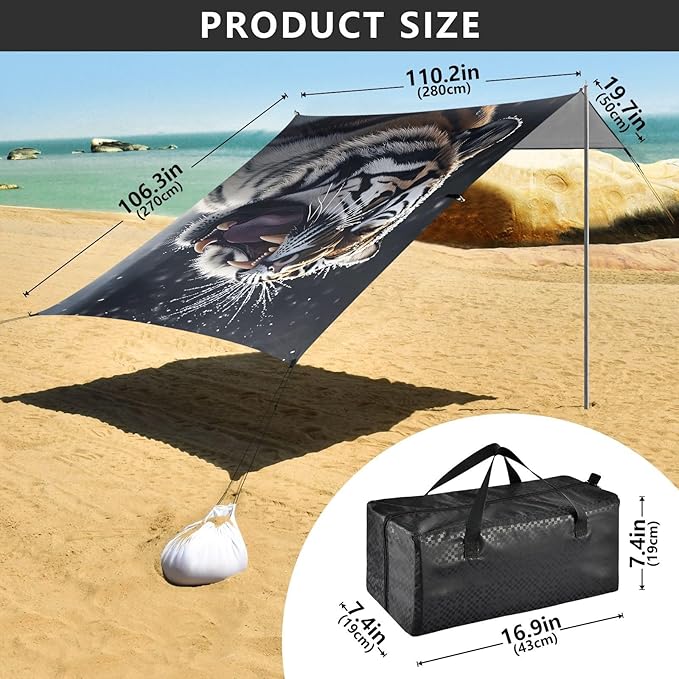 ALAZA Roaring Tiger Beach Tent Sun Shelter UPF50+ Protection Beach Shade Canopy w/ 4 Sandbags for Outdoor Camping Fishing Backyard Fun Picnic 10x9 ft
