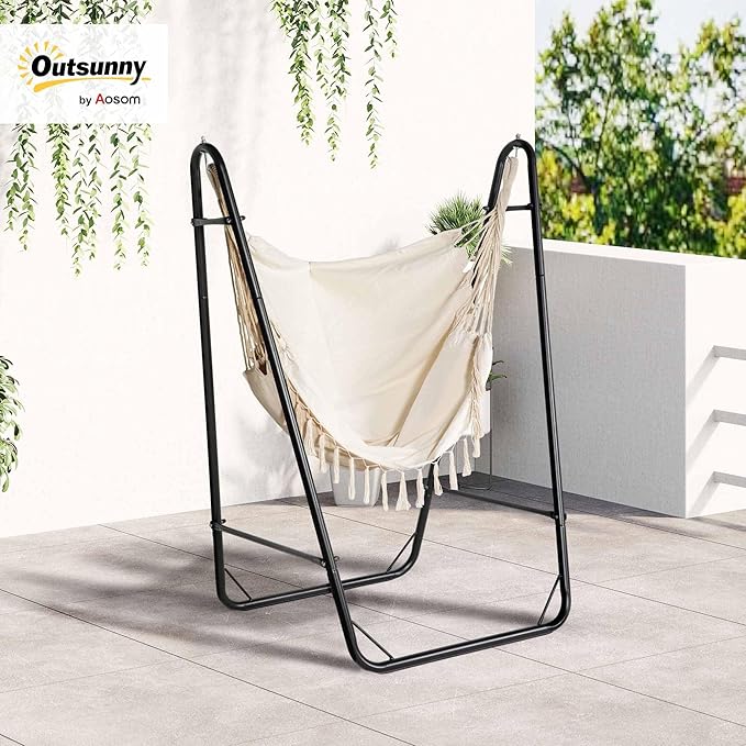 Outsunny Patio Hammock Chair with U Shape Stand Outdoor Hammock Swing Hanging Lounge Chair with Side Pocket Black/Cream White