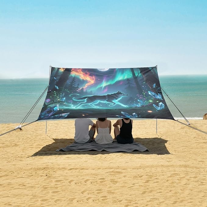 ALAZA Aurora Polar Lights Wolf Beach Tent Sun Shelter UPF50+ Protection Beach Shade Canopy w/ 4 Sandbags for Outdoor Camping Fishing Backyard Fun Picnic 10x9 ft