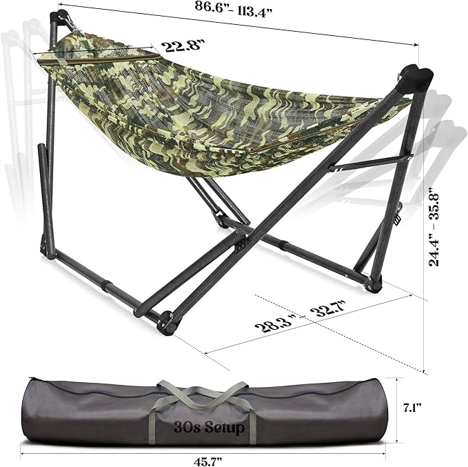 Tranquillo Uniki 550 lbs Capacity Hammock 3-Year Warranty 30s Folding Camping Hammock with Stand Portable Hammock for Indoor Outdoor Instant Setup No Screws Needed Camo