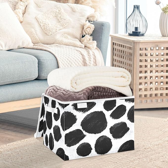 Storage Bins With Lid Stackable Fabric Closet Organizer Clothing Storage Large Boxes For Closet Shelves Bedroom Black White Cow Print
