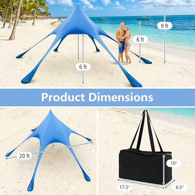 Tangkula Beach Canopy Tent UPF50+ Beach Sun Shade with Sand Shovel 6 Ground Pegs 6 Sandbags Supporting Pole Carry Bag Pop Up Beach Sun Shelter for Camping Fishing Trip