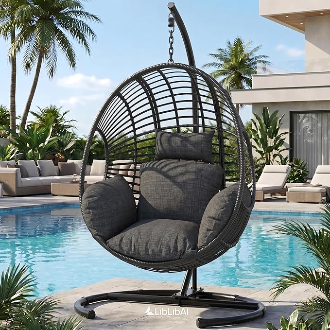 Oversized Hanging Egg Chair Outdoor Indoor Wicker Swing Egg Chair with Stand 400lbs Capacity for Bedroom Patio Garden and Balcony (Black-Regular Oversize)