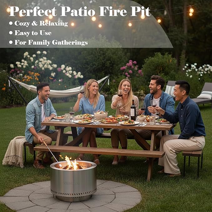 19.5 Inch Smokeless Fire Pit VivaGarden Outdoor Wood Burning Fire Pit with Carry Bag Stainless Steel Firepit for Camping Backyard Patio Bonfire &amp Garden Gatherings (Silver)