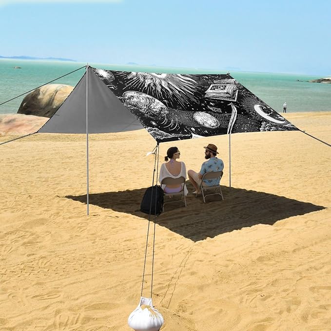 ALAZA Sun Moon Astrology Beach Tent Sun Shelter UPF50+ Protection Beach Shade Canopy w/ 4 Sandbags for Outdoor Camping Fishing Backyard Fun Picnic 10x9 ft