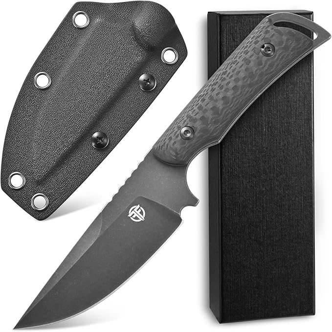 FF113 VG10 Black Stonewashed Steel Fixed Blade Knife Carbon Fiber Handle Full Tang Knife with Sheath for Outdoor Camping Hunting Working (Black)