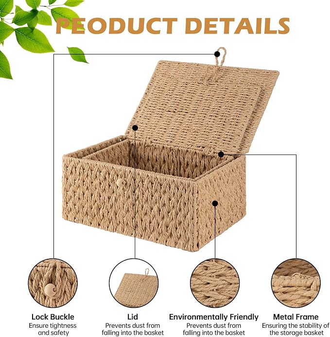 OIAHOMY Wicker Storage Basket with Lid &amp Lock Lidded Storage Bins Decorative Baskets for Organizing Set of 2-Natural