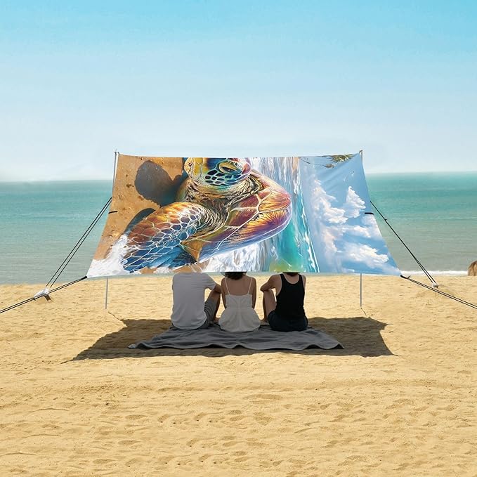 ALAZA Sea Turtle Palm Beach Beach Tent Sun Shelter UPF50+ Protection Beach Shade Canopy w/ 4 Sandbags for Outdoor Camping Fishing Backyard Fun Picnic 10x9 ft