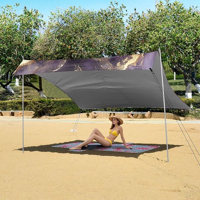 Purple and Gold Marble Texture Beach Tent &amp Canopy UPF50+ Protection Water-Resistant Sun Shelter with Sand Shovel for Backyard and Camping