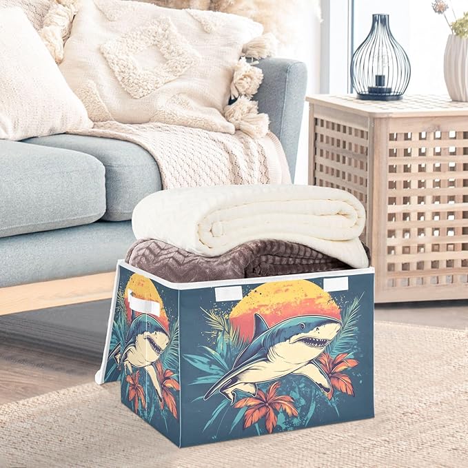 Tropical Fish Floral Storage Cube Bins Basket with Lid Collapsible Flip-top Fabric with Handle for Home Bedroom Closet Office 16.5×12.6×11.8 in