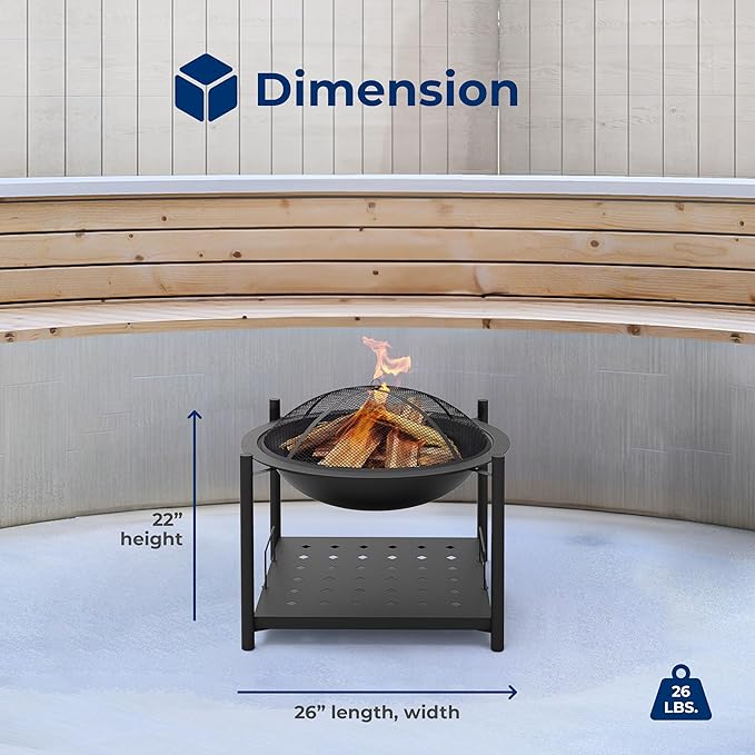 SereneLife Portable Outdoor Fire Pit - 2-in-1 Steel BBQ Grill and 26 Wood Burning Fire Pit Bowl with Mesh Spark Screen Log Grate Fire Poker and Cover for Camping Picnic Bonfires