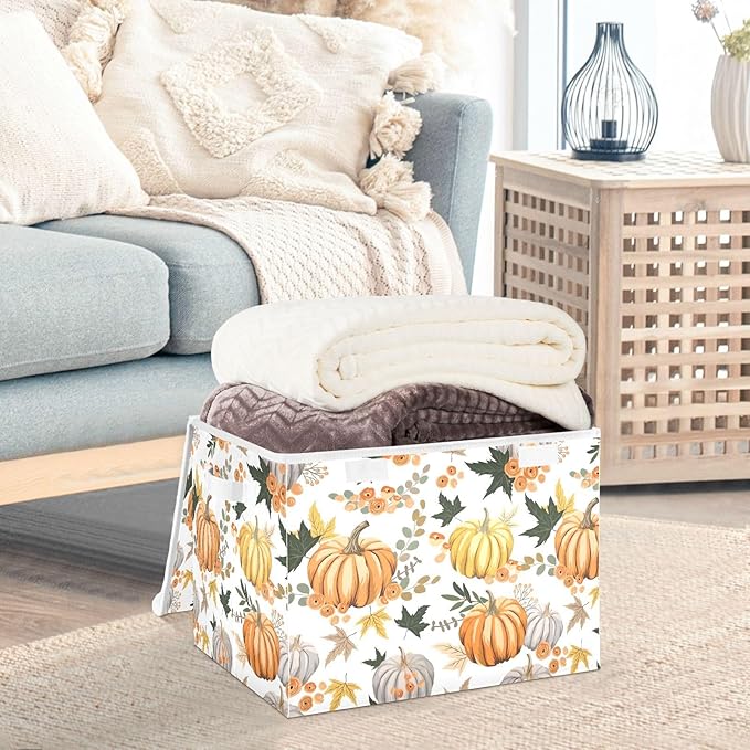 senya Thanksgiving Storage Baskets Collapsible Storage Bins with Lids Pumpkins Flowers Leaves Thanksgiving Storage Boxes Clothes Baskets for Organizing