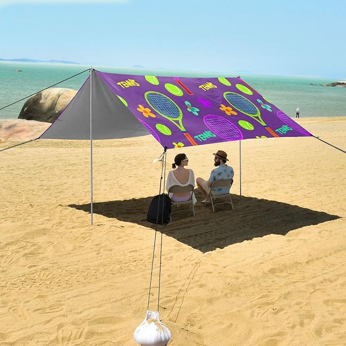 xigua Tennis Rackets Beach Tent Sun Shelter with Carrying Bag - Silver Coated Oxford Fabric Beach Canopy for Beach Camping Fishing - Includes Windproof Ropes Sandbags &amp Stakes