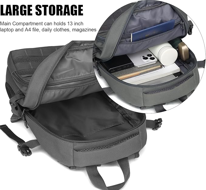Kids Tactical Backpack Army Molle Bookbag Military Boys Backpack for School Outdoor Camping (Includes 2 Patches +1 Carabiner) Grey