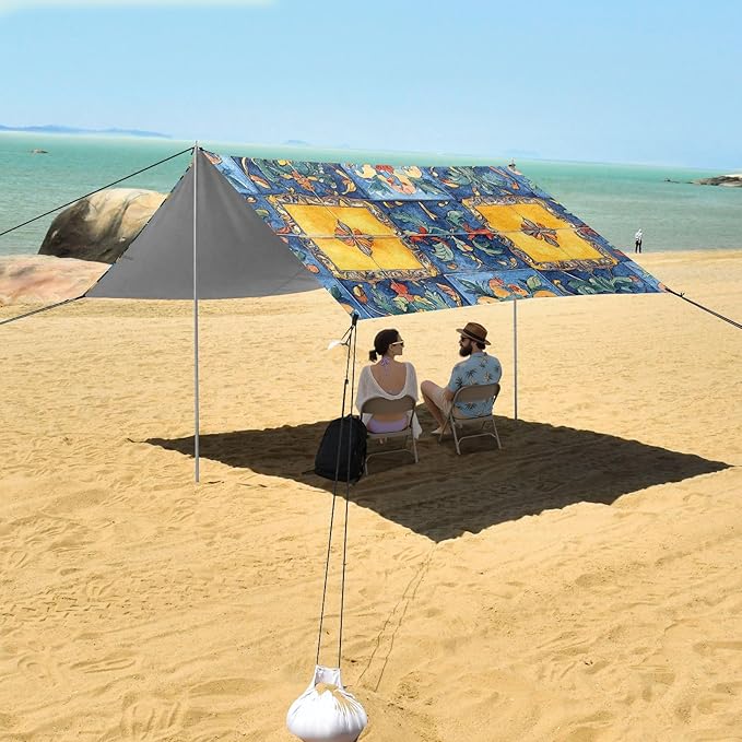 Bohemian Boho Vintage Mandala Style Flower Beach Cabana UPF50+ Protection Waterproof Portable Sun Shelter Includes Sand Shovel Sandbags Stability Poles for Camping Trips Fishing Backyard