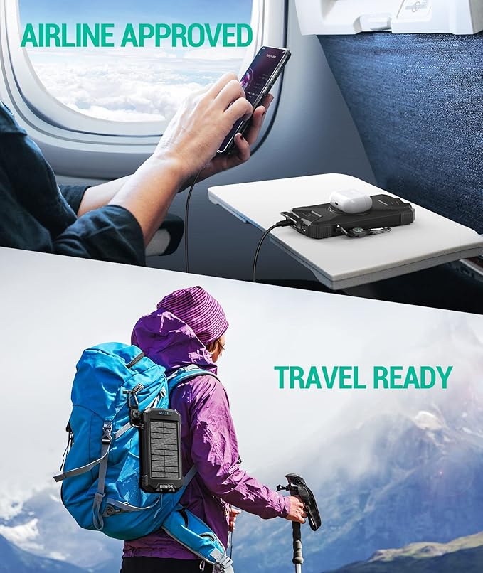 BLAVOR Solar Power Bank 10000mAh Portable Wireless Charger 20W Fast Charging External Battery Pack with USB C for Cell Phones Solar Panel Charging with Dual Flashlight for Camping