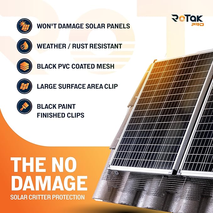 Rotak Critter Guard PRO - 8in x 100ft Solar Panel Bird Prevention Roll Kit Pairs - Heavy Duty Galvanized Black PVC Coated ½ inch Wire Roll Mesh (8 x 100)