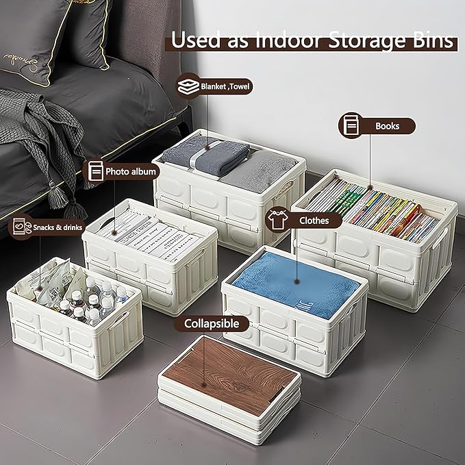 Outdoor Collapsible Storage Box with Handles and Wooden Lid Portable Large Capacity Stackable Crates Outdoor Storage Bin with Table Function Ideal for Car Trunk RV Trip Picnic (Black Small)