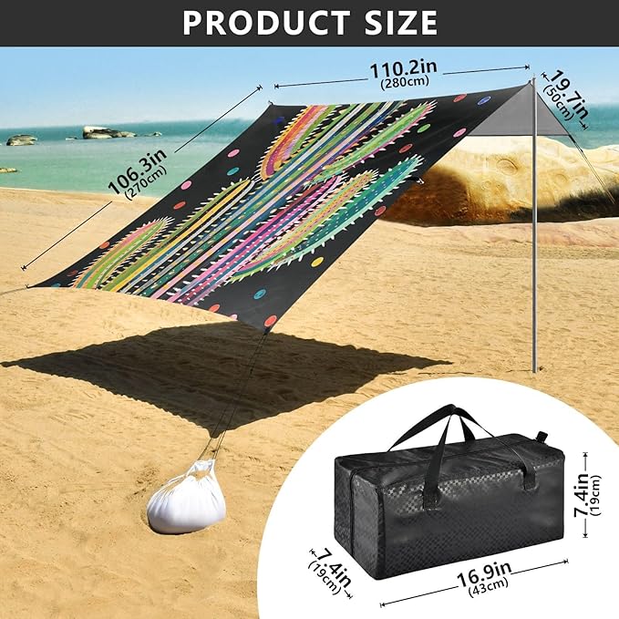 ALAZA Rainbow Cactus Polka Dots Beach Tent Sun Shelter UPF50+ Protection Beach Shade Canopy w/ 4 Sandbags for Outdoor Camping Fishing Backyard Fun Picnic 10x9 ft