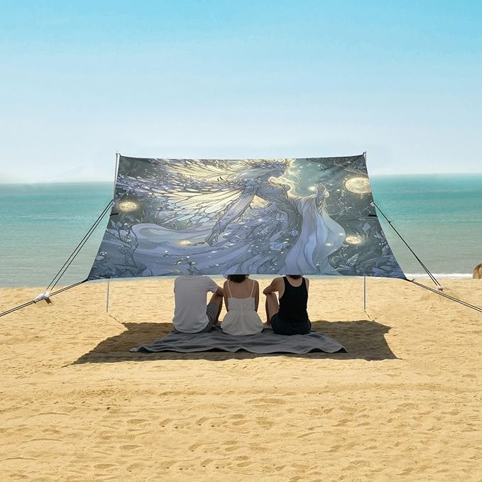 Fairy Game Anime Girl Beach Canopy UPF50+ Easy Setup Large Sun Shelter with Sandbags Sand Shovel Poles for Camping Picnics Backyard
