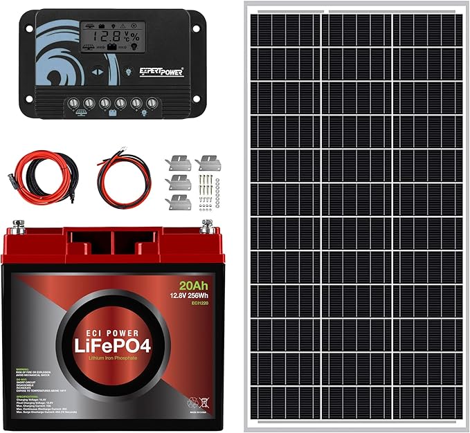 ECI Power 100W 12V Solar Power Kit | 12V 20Ah LiFePO4 Lithium Battery | 100W Mono Rigid Solar Panel 10A PWM Solar Charge Controller | RV Trailer Camper Marine Off Grid Solar Projects