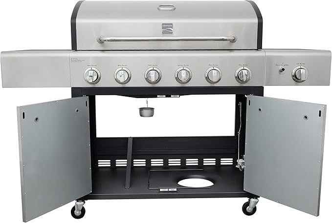 Kenmore 6-Burner Propane Gas BBQ Grill with Side Burner 73000 BTUs Stainless Steel Cabinet Grill with Cast Iron Grates for Outdoor Cooking Backyard BBQ Patio Large Parties
