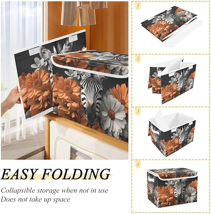 AIXIWAWA Lidded Storage Cube (Zebra Floral) Fabric Foldable Closet Bins with Flip Lid and Handles Organizer Basket Container 16.5 x 12.6 x 11.8 IN