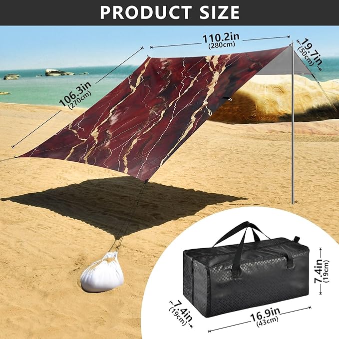 ALAZA Dark Red Marble Gold Veins Beach Tent Sun Shelter Portable Canopy Sunshade for Outdoor Camping Picnics Backyard Fun 10x9 ft