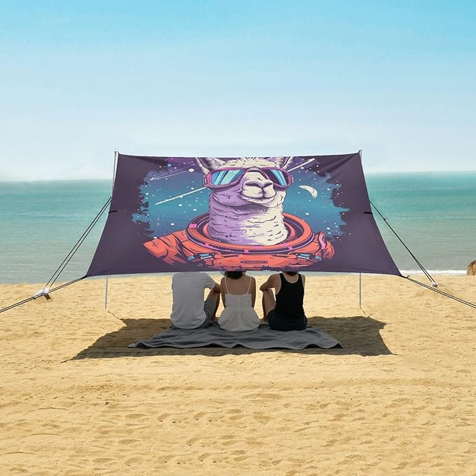 ALAZA Llama Space Polka Dots Beach Tent Sun Shelter UPF50+ Protection Beach Shade Canopy w/ 4 Sandbags for Outdoor Camping Fishing Backyard Fun Picnic 10x9 ft