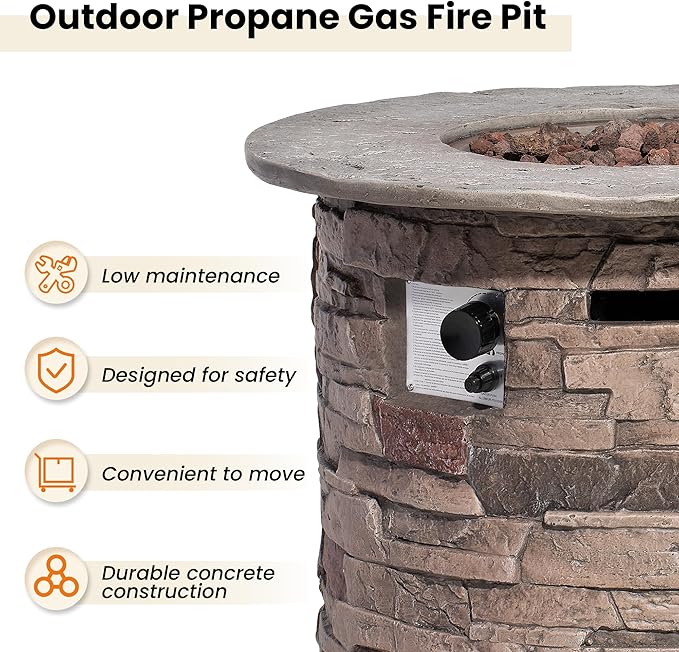 HOMPUS Outdoor Propane Fire Table 32-inch Imitation Stone Concrete with Rain Cover and Lava Rocks - Smokeless 40000 BTU for Patio Garden Deck or Backyard