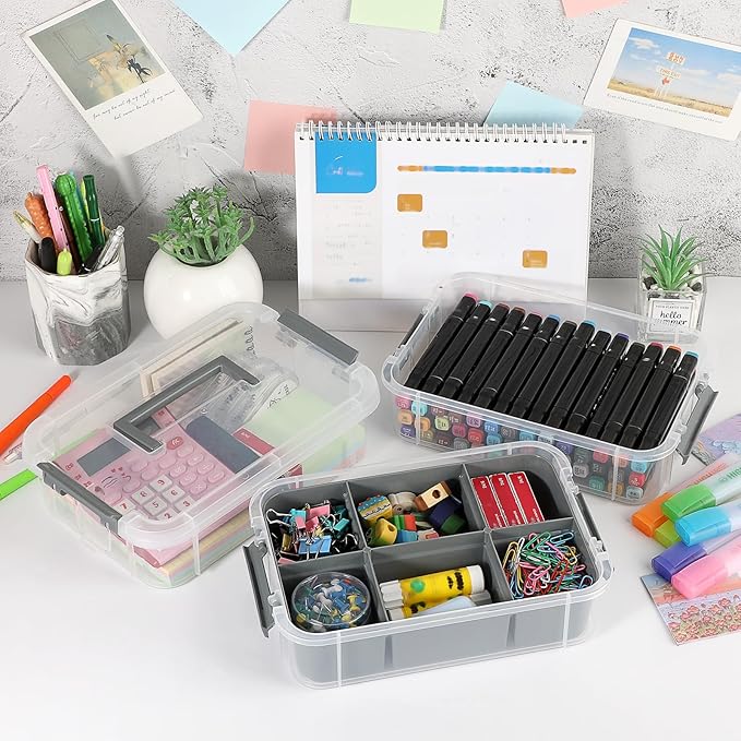 JUXYES 2 Pack 3-Tiers Stack Carry Storage Box With Divided Tray Transparent Stackable Storage Bin With Handle Lid Latching Storage Container for School &amp Office Supplies Dark Gray
