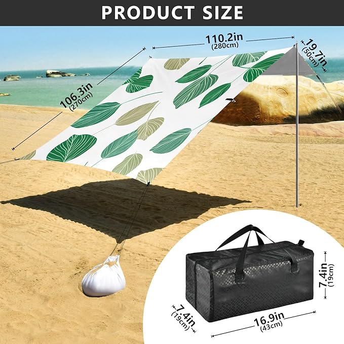 xigua Eucalyptus Leaves Beach Tent Sun Shelter with Carrying Bag - Silver Coated Oxford Fabric Beach Canopy for Beach Camping Fishing - Includes Windproof Ropes Sandbags &amp Stakes