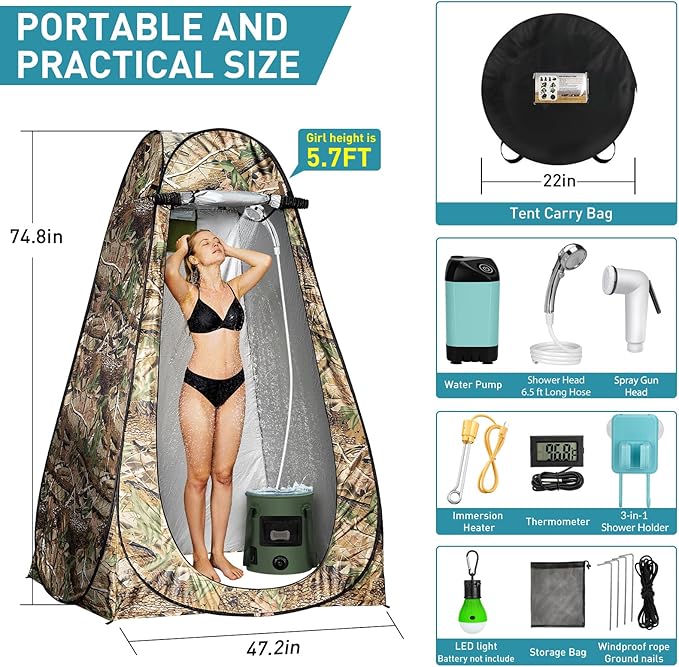 Portable Camping Shower Pop Up Shower Privacy Tent Kit with LED Lights 4500mAh Rechargeable Shower Pump Filtered Shower Head &amp 7.4 Gallons Foldable Bucket Outdoor Shower for Hiking Beach Trav