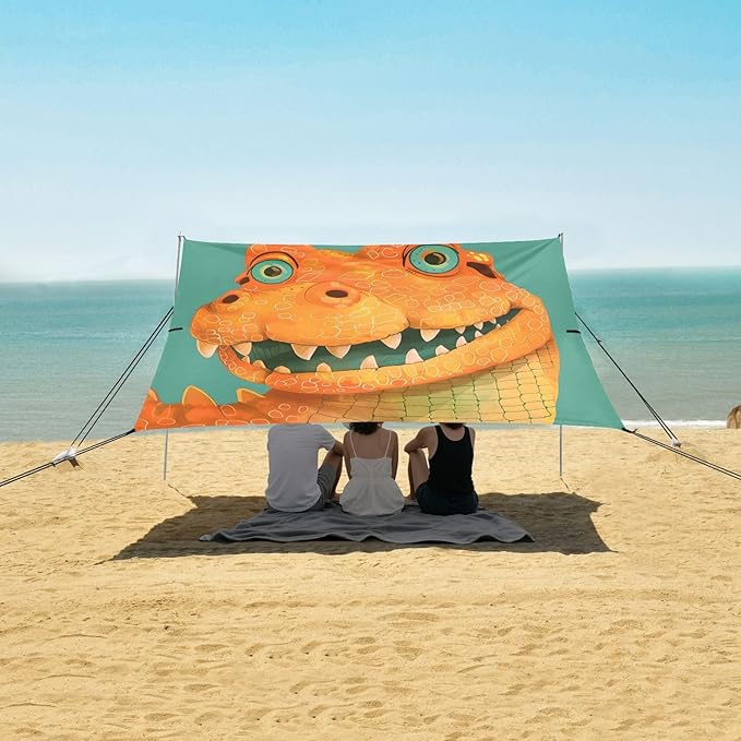 ALAZA Alligator Head Beach Tent Sun Shelter UPF50+ Protection Beach Shade Canopy w/ 4 Sandbags for Outdoor Camping Fishing Backyard Fun Picnic 10x9 ft