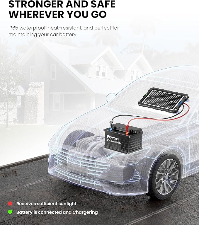 POWOXI-9W-Solar-Battery-Trickle-Charger-Maintainer -12V Portable Waterproof Solar Panel Trickle Charging Kit for Car Motorcycle Boat Marine RV Trailer Powersports Snowmobile etc.