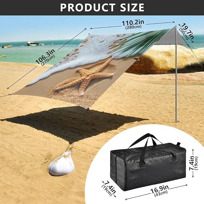ALAZA Starfish Summer Beach Palm Sand Beach Tent Sun Shelter Portable Canopy Sunshade for Outdoor Camping Picnics Backyard Fun 10x9 ft